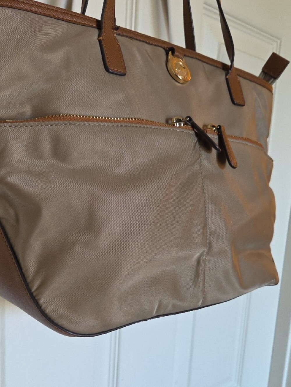 MICHAEL Michael Kors Taupe Nylon Tote with Brown Trim and Gold Hardware - Picture 6 of 12